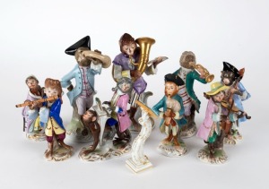 "MONKEY BAND" group of ten assorted German porcelain statues plus a music stand, various factories, predominantly MEISSEN, 19th/20th century, (11 items), ​​​​​​​the largest 15.5cm high