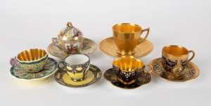 Six assorted fine porcelain cups and saucers, including a MEISSEN example with additional cover, ROYAL DOULTON, COALPORT, SPODE, MINTONS and Continental, 19th and 20th century, the largest saucer 12.5cm diameter