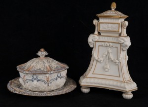 COPELAND antique English Parian porcelain bowl and cover with saucer, together with with an antique Parian porcelain potpourri with lift-out insert and cover, 19th century, (2 items), both stamped "COPELAND", the larger 22cm high