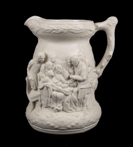 "DEATH OF THE DUKE OF WELLINGTON" antique English Parian porcelain jug, attributed to SAMUEL ALCOCK, circa 1852, unmarked, an impressive 27cm high, 23cm wide