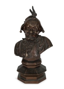 ALFRED BARYE (FRANCE 1839-1882), Jester bust in cast bronze, circa 1860s, signed "BARYE Alf.", 20cm high