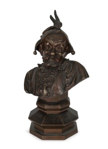 ALFRED BARYE (FRANCE 1839-1882), Jester bust in cast bronze, circa 1860s, signed "BARYE Alf.", ​​​​​​​20cm high