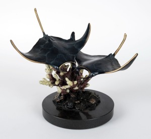 ARTIST UNKNOWN, Stingrays, cast and patinated bronze on black slate, 19cm high