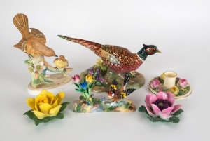 CROWN STAFFORDSHIRE English porcelain bird statues (3), floral ornaments (2), and a candle holder, (6 items), the peasant example 26cm long