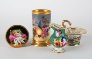 Antique English hand-painted porcelain vase, cream jug, inkwell and trinket box, 19th century, (4 items), the vase 10.5cm high
