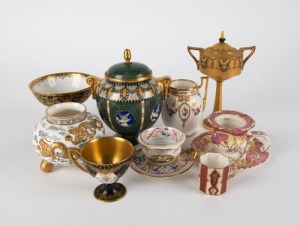 Assorted antique and vintage English porcelain vases, urns, cups etc, including ROYAL WORCESTER, DERBY, MINTONS, and COPELAND, 19th and early 20th century, (9 items), the largest 15.5cm high