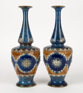 ROYAL DOULTON pair of antique English blue stone ware vases, by ETHEL BEARD, impressed factory mark to base, with monogram "E.B.", 30.5cm high