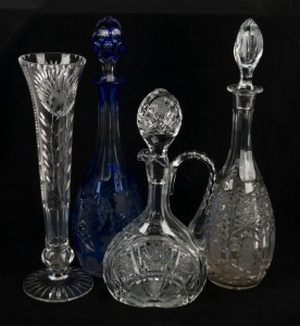 Three assorted crystal decanters and a vintage crystal vase, 20th century, (4 items), the largest 39cm high