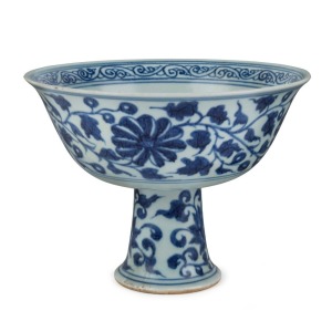 An antique Chinese blue and white stem cup in the Yuan style, Qing Dynasty or earlier,  12cm high, 15cm diameter