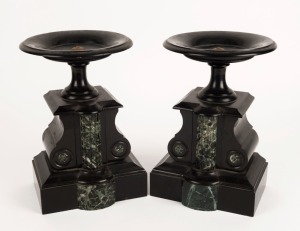 A pair of antique clock garnitures, black slate and green marble, 19th century, 25cm high