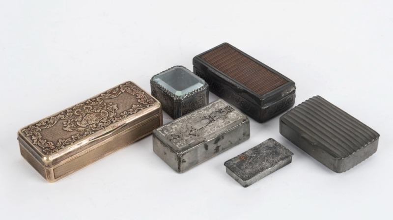 Six assorted antique boxes, pewter, silver plate and glass, 18th and 19th century, the largest 9cm wide