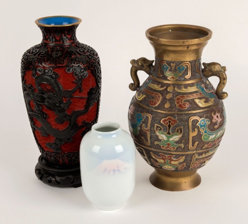 A Chinese dragon vase on stand, a Japanese bronze and cloisonné vase, and a Japanese porcelain vase, 20th century (3 items), the largest 26cm high overall