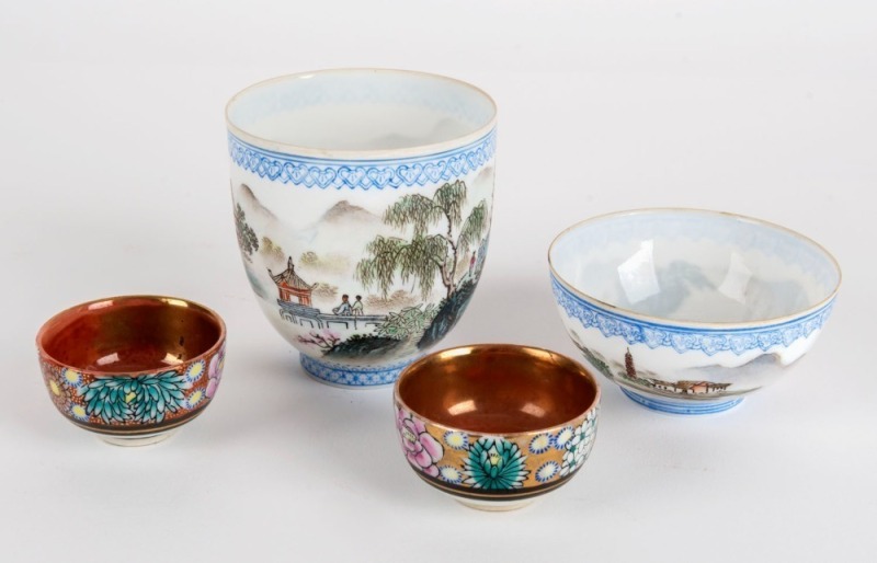 Chinese eggshell porcelain cup and bowl together with two Japanese ceramic dishes, 20th century, (4 items),  ​​​​​​​the largest 8cm high 