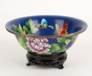 A Chinese blue cloisonne floral bowl on lacquered timber stand, 20th century,  12cm high overall, 13cm diameter