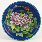 A Chinese blue cloisonne floral bowl on lacquered timber stand, 20th century,  12cm high overall, 13cm diameter - 2