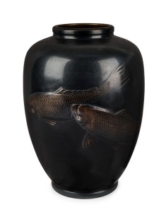 A fine antique Japanese bronze vase with koi carp decoration, Meiji period, Japanese inscription to base, ​​​​​​​37cm high