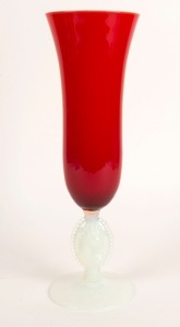 A vintage Italian ruby glass beaker with opaque cameo stem, 39.5cm high