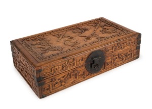 Antique Chinese carved timber document box, circa 1870, ​​​​​​​8.5cm high, 32cm wide, 17.5cm deep