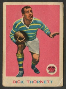 SCANLENS&nbsp;1964 (SECOND&nbsp;SERIES): Card #12 Dick&nbsp;Thornett, Parramatta Eels [1/33]; some creasing/wrinkling; Fair/Good condition.