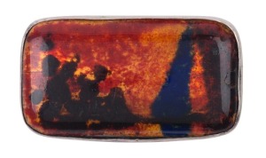 GEORGE HUNT (attributed) English enamel brooch with orange sunset landscape scene, set in silver, circa 1920s, 3cm wide