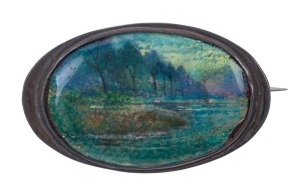 GEORGE HUNT (attributed) English oval enamel brooch with landscape lake scene, set in silver, circa 1920s, 4cm wide