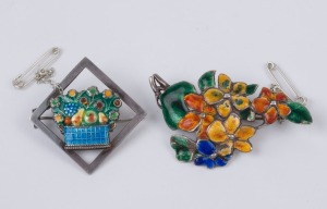 Two vintage Art Deco silver and enamel floral brooches, circa 1930, ​​​​​​​3.5cm and 5cm wide