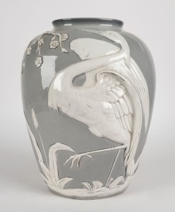 An Italian grey and white porcelain vase with stork decoration, 20th century, 30cm high