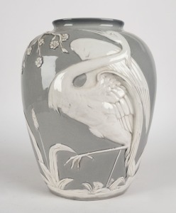 An Italian grey and white porcelain vase with stork decoration, 20th century, 30cm high