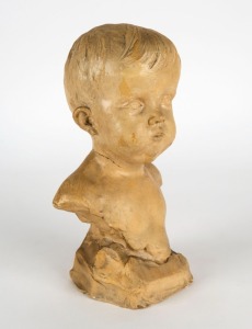 S. MORANI painted chalk ware bust of a child, signed "S. Morani, 1918", 25cm high