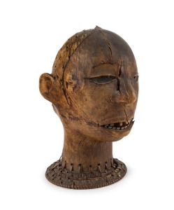 A tribal headdress in the form of a human head, woven cane, vellum hide, bone, carved wood and metal, African origin, ​​​​​​​26cm high