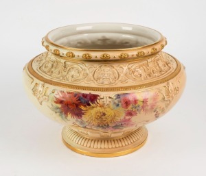 ROYAL WORCESTER antique English porcelain jardiniere painted with chrysanthemums, circa 1894, puce factory mark to base, ​​​​​​​25cm high, 37cm wide