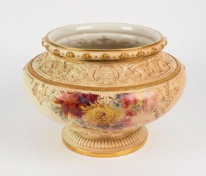 ROYAL WORCESTER antique English porcelain jardiniere painted with chrysanthemums, circa 1894, puce factory mark to base, 25cm high, 37cm wide