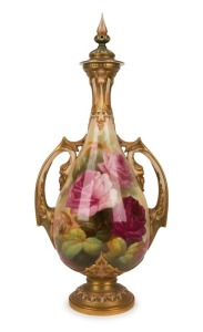 ROYAL WORCESTER antique English porcelain lidded two handled vase with hand-painted rose decoration signed "SEDGLEY", circa 1919 puce factory mark to base, 50cm high, 23cm wide