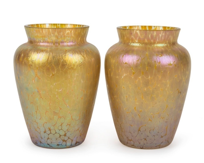 LOETZ pair of iridescent Bohemian art glass vases, circa 1900, ​​​​​​​13cm high