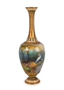 ROYAL WORCESTER antique English porcelain vase with hand-painted cranes in landscape signed "A. LEWIS", early 20th century, green factory mark to base, 27cm high