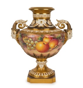 ROYAL WORCESTER English porcelain urn with facemask handles and hand-painted fruit, signed "TELFORD", 20th century, black factory mark to base, 22.5cm high