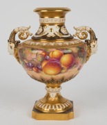 ROYAL WORCESTER English porcelain urn with facemask handles and hand-painted fruit, signed "TELFORD", 20th century, black factory mark to base, 22.5cm high - 3