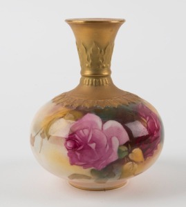 ROYAL WORCESTER English porcelain vase with hand-painted rose decoration, late 19th century, puce factory mark to base, 10cm high