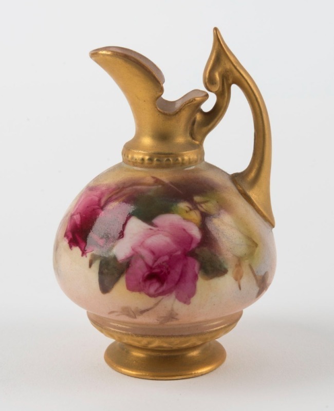 ROYAL WORCESTER English miniature porcelain ewer with hand-painted rose decoration, 19th/20 century, puce factory mark to base, 9cm high