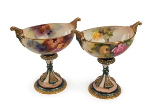 ROYAL WORCESTER pair of antique English porcelain bonbon dish with hand-painted rose and fruit decoration, one signed "AUSTIN" early 20th century, green factory mark to base, 16cm high, 15.5cm wide