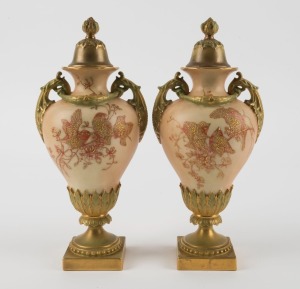 ROYAL WORCESTER pair of antique English porcelain lidded mantle vases, 19th/20th century, puce factory mark to base, 24cm high