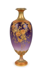 ROYAL WORCESTER antique English porcelain vase with unusual purple ground and gilt floral decoration, 19th century, puce factory mark to base, 24cm high