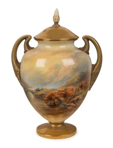 ROYAL WORCESTER English porcelain vase with hand-painted highland cattle scene, signed "J. STINTON", early 20th century, puce factory mark to base, ​​​​​​​17cm high