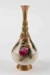 ROYAL WORCESTER English porcelain stem vase with hand-painted rose decoration, early 20th century, green factory mark to base, 15.5cm high