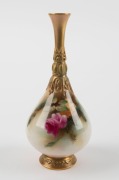 ROYAL WORCESTER English porcelain stem vase with hand-painted rose decoration, early 20th century, green factory mark to base, ​​​​​​​15.5cm high