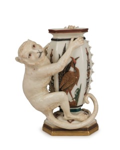 ROYAL WORCESTER antique English porcelain monkey vase, 19th century, puce factory mark to base, ​​​​​​​18cm high