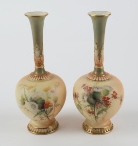 ROYAL WORCESTER pair of antique English porcelain stem vases with hand-painted floral decoration, 19th century, puce factory marks to bases, 16.5cm high