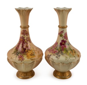 ROYAL WORCESTER pair of antique English porcelain vases with floral decoration, 19th/20 century, puce factory mark to base, 27cm high