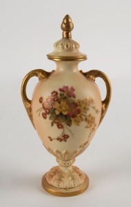 ROYAL WORCESTER antique English porcelain lidded urn with hand-painted floral decoration, 19th/20 century, puce factory mark to base, 15cm high