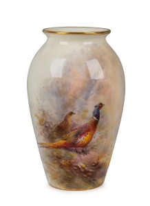 ROYAL WORCESTER English porcelain vase with hand-painted scene of pheasants in landscape, signed "STINTON", early 20 century, puce factory mark to base, 10.5cm high